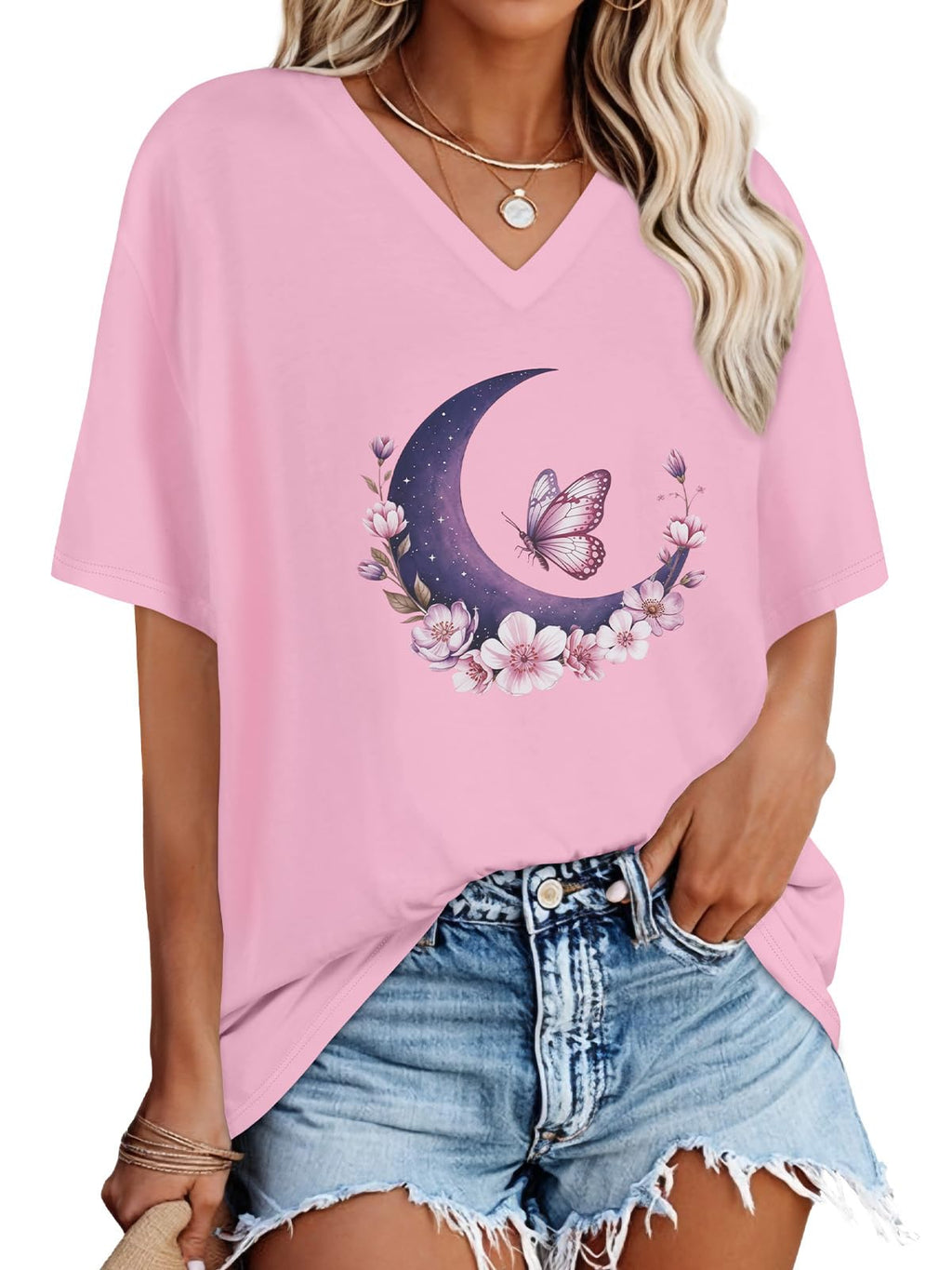 Oversized Tshirts for Women Graphic V Neck Short Sleeve Summer Casual Tops