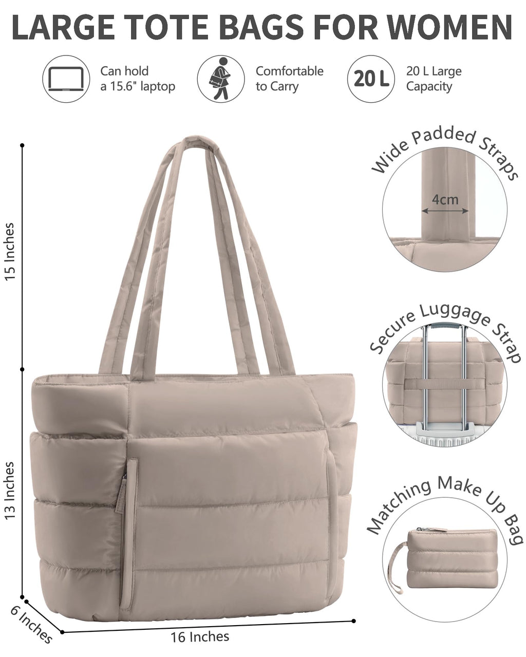 Bagstellar Puffer Tote Bag for Women, Lightweight Puffy Travel Gym Work Bag