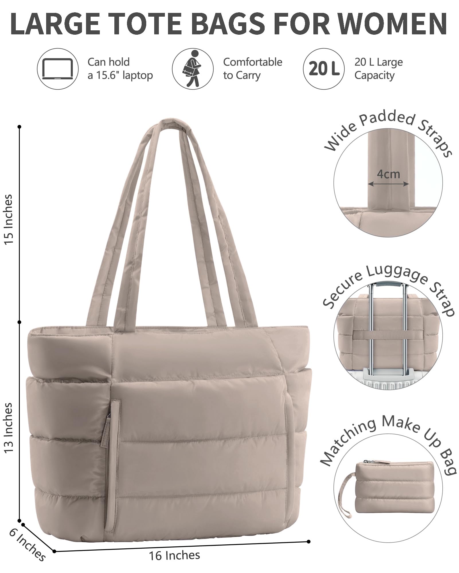 Bagstellar Puffer Tote Bag for Women, Lightweight Puffy Travel Gym Work Bag