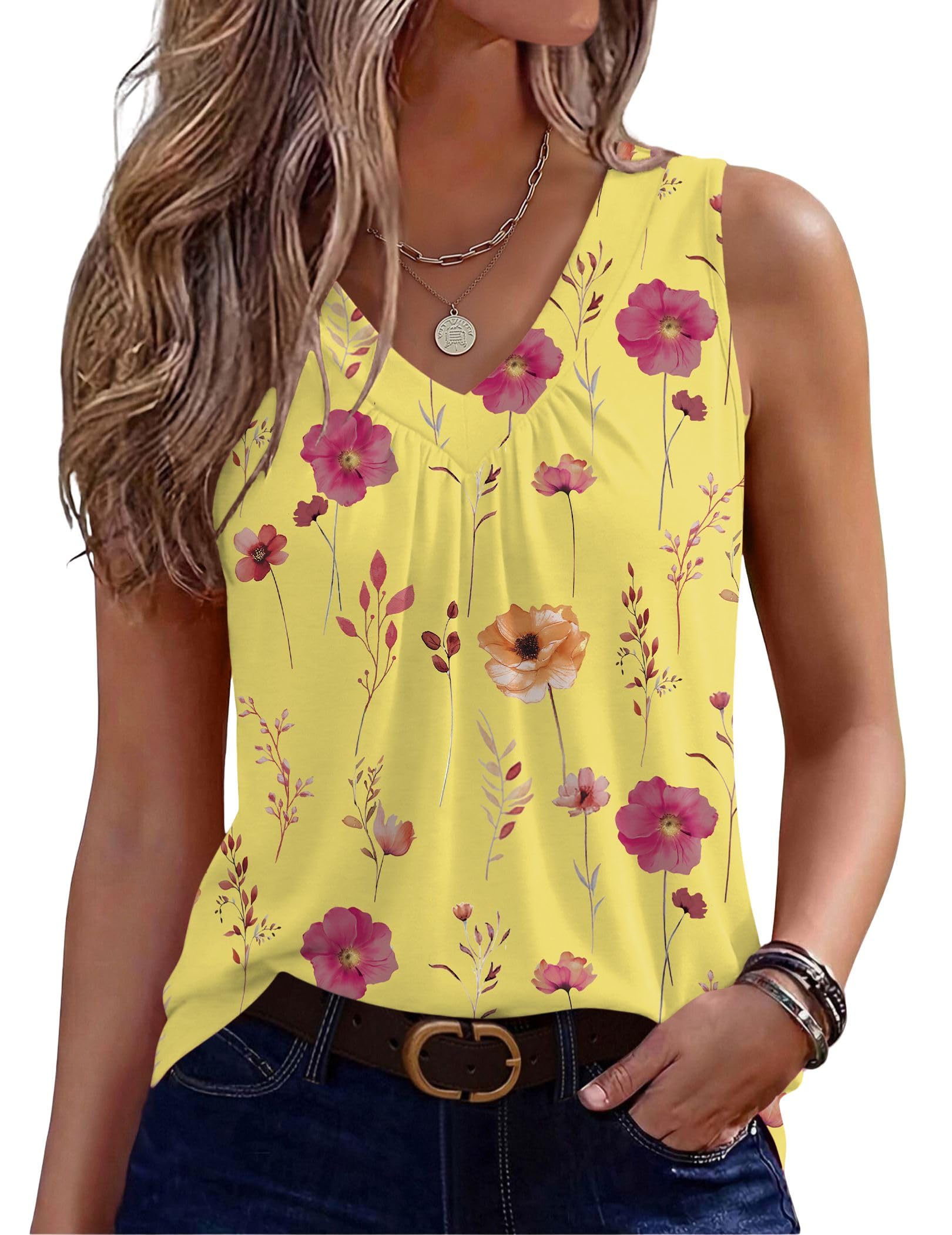 Zeagoo Womens Tank Tops Summer Sleeveless Tops V Neck Pleated Shirts
