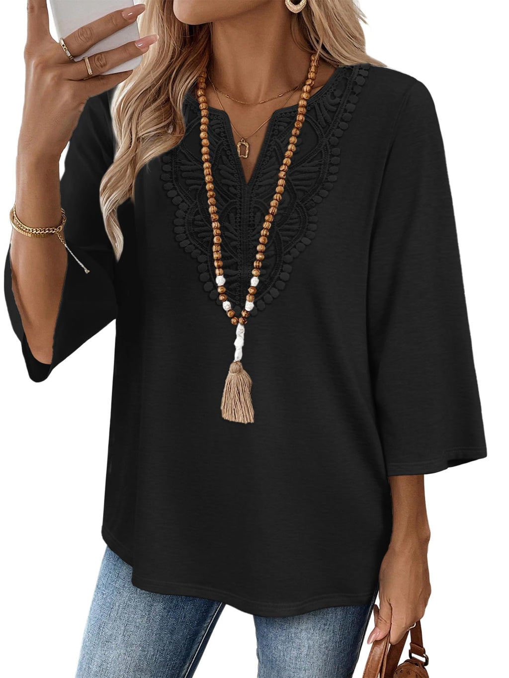WIHOLL 3/4 Length Sleeve Womens Tops Boho V Neck Lace Shirt Trendy Blouses Dressy Casual Vacation Clothes S-3XL