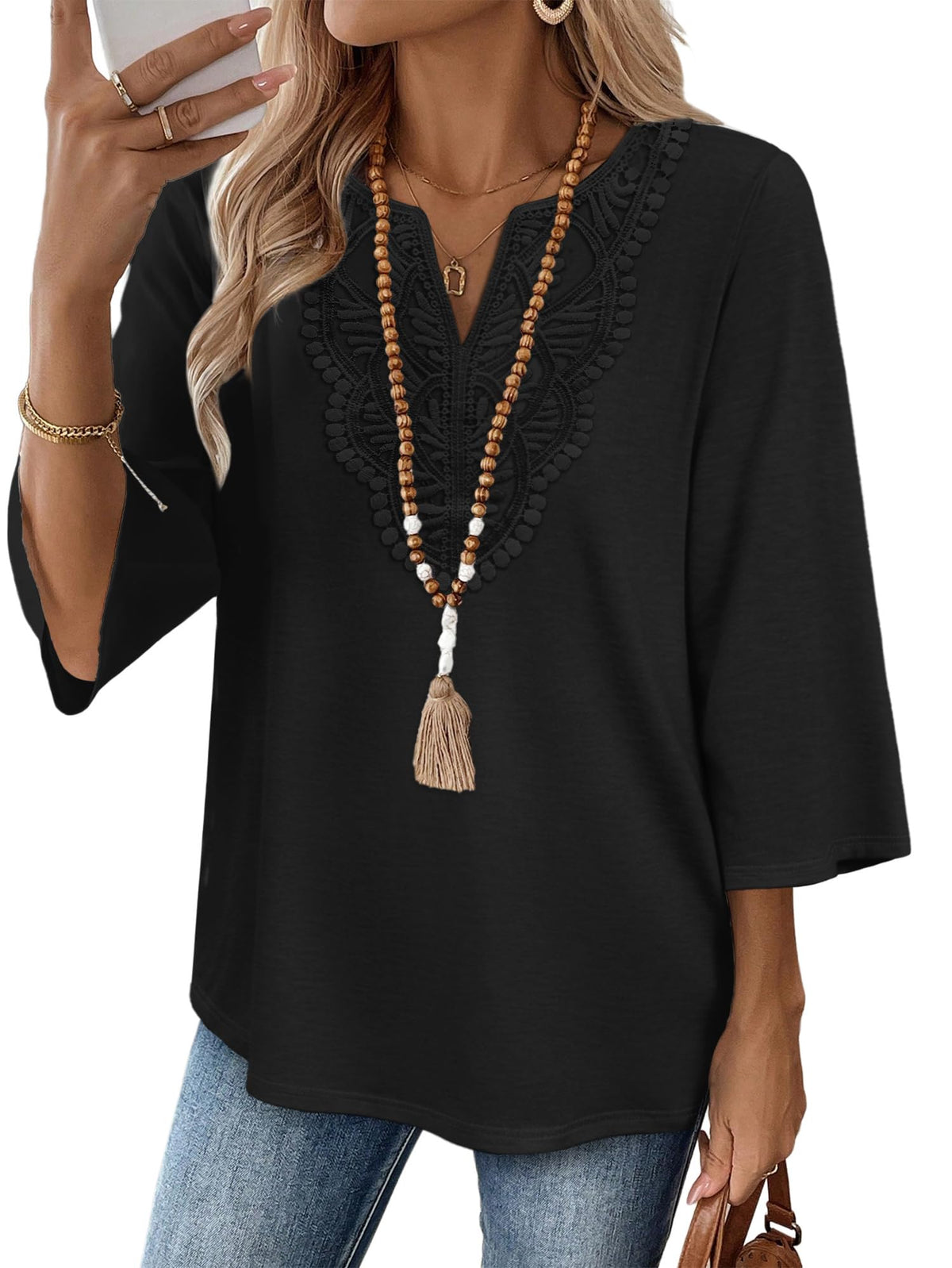 WIHOLL 3/4 Length Sleeve Womens Tops Boho V Neck Lace Shirt Trendy Blouses Dressy Casual Vacation Clothes S-3XL