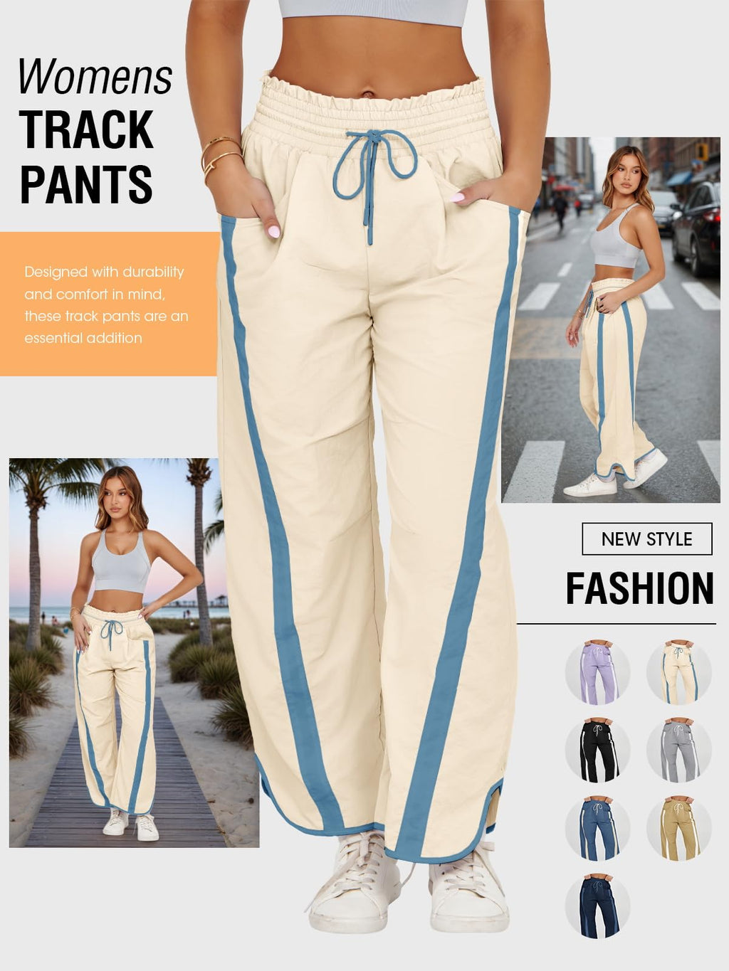 Fisoew Women's Baggy Wide Leg Pants Casual Drawstring Elastic Waisted Contrast Color Workout Y2K Track Pants