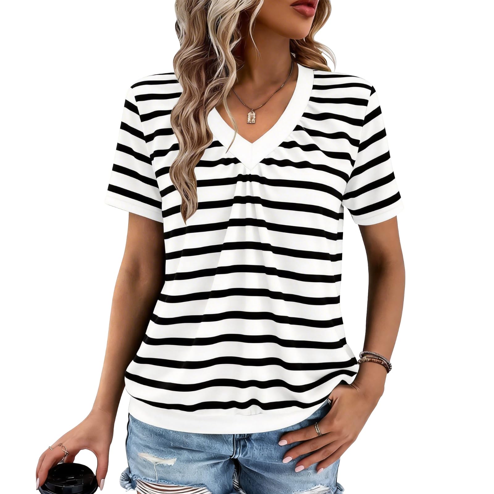 Gihgoew Summer Tops for Women 2025 Shorts Sleeve Womens Tops,V Neck Soft Casual Loose Fit Ruched Top T Shirts Tee Clothes