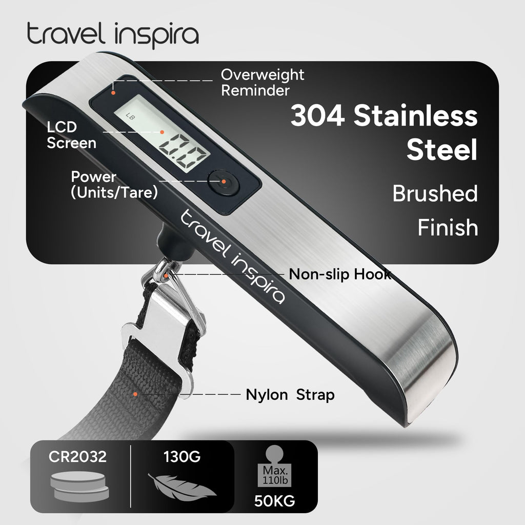 travel inspira Digital Luggage Scale – Portable Hanging Suitcase Weight Scale for Travel, 110 lb Capacity, Backlit LCD Display, Prevents Airport Overweight Fees, Battery Included