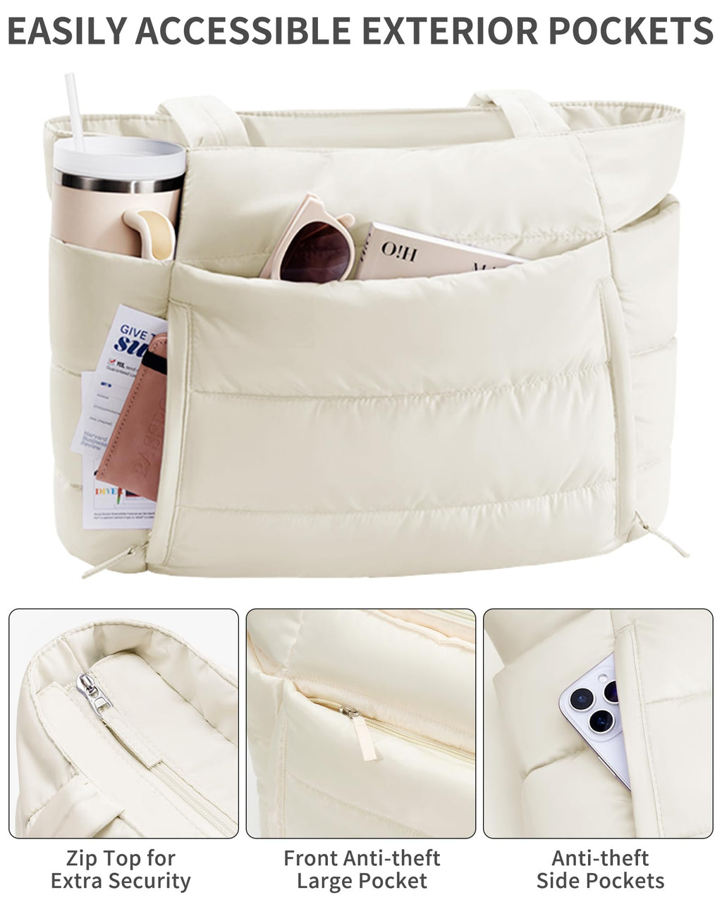 Bagstellar Puffer Tote Bag for Women, Lightweight Puffy Travel Gym Work Bag