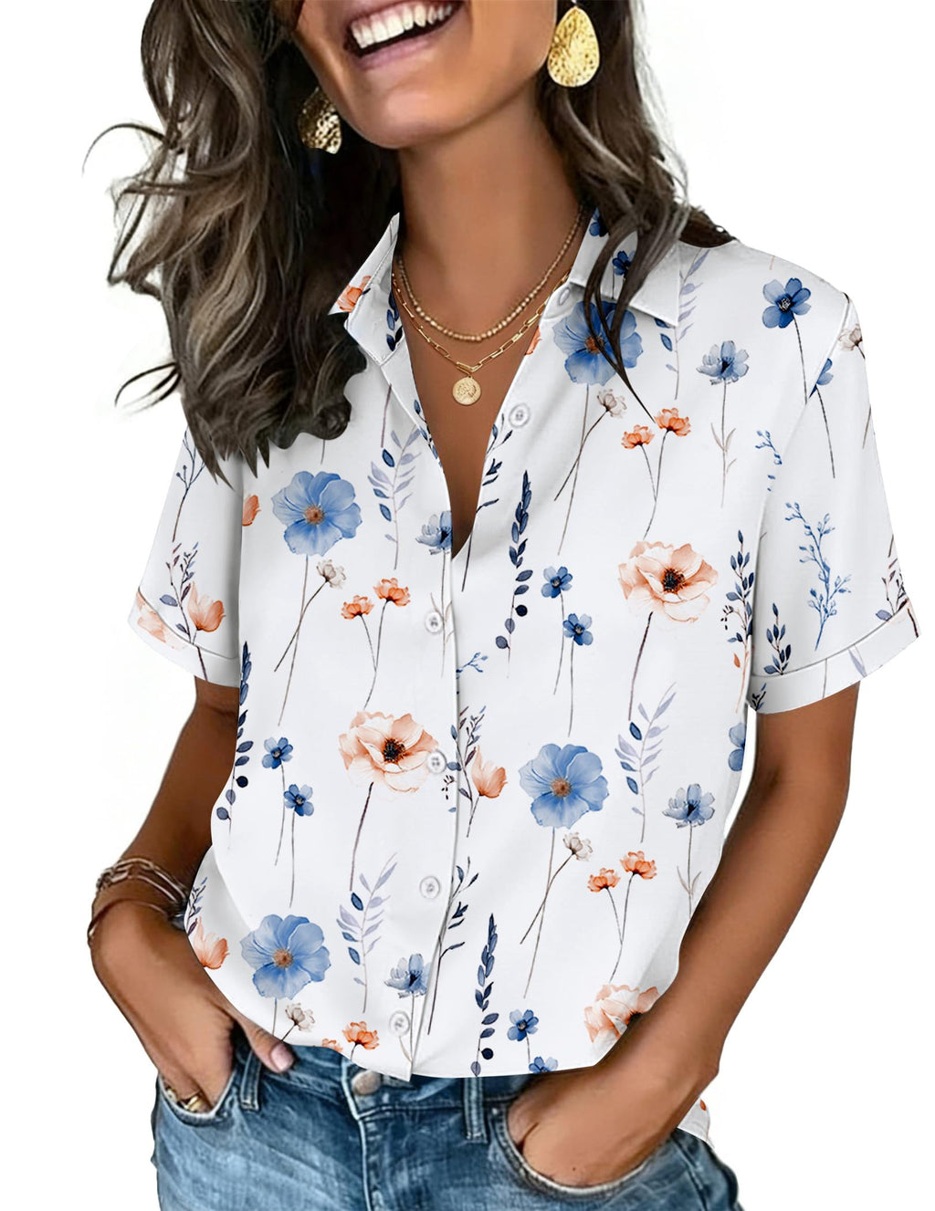 Zeagoo Button Down Shirts for Women Short Sleeve Tops Dressy Casual Blouses