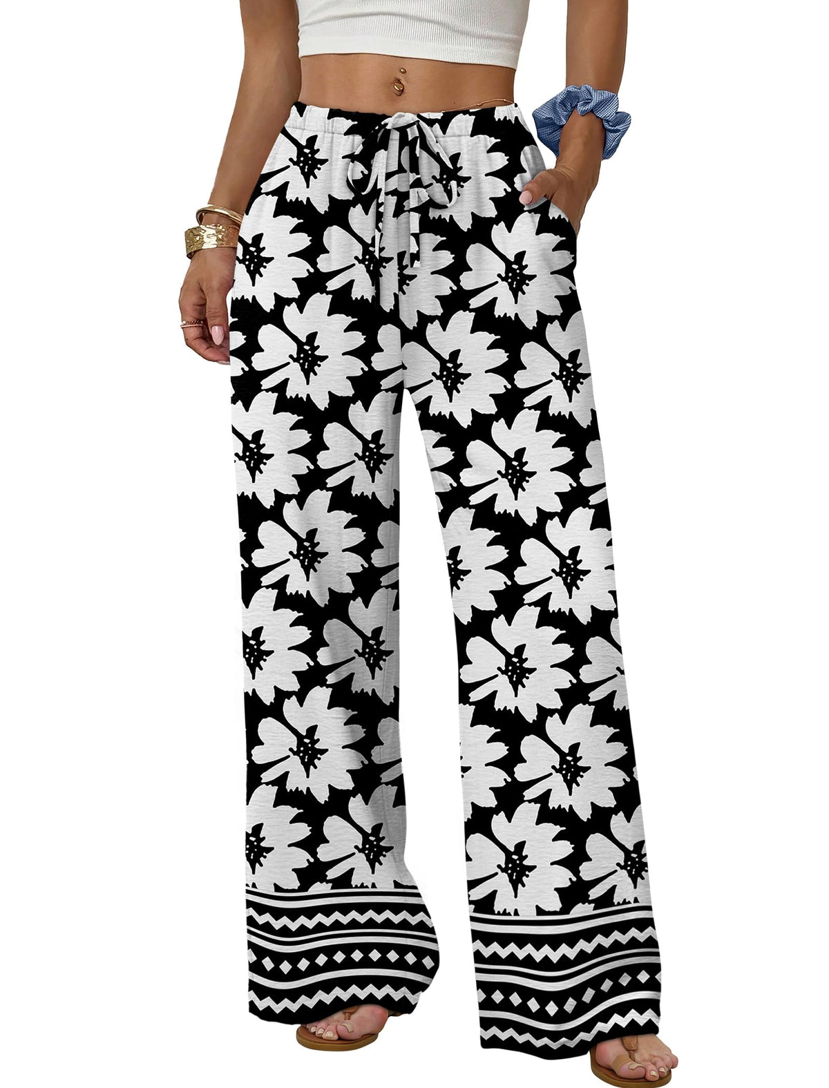 Sampeel Wide Leg Pants for Women Flowy Palazzo Drawstring Elastic Waist Trousers with Pockets Summer Beach Vacation Clothes