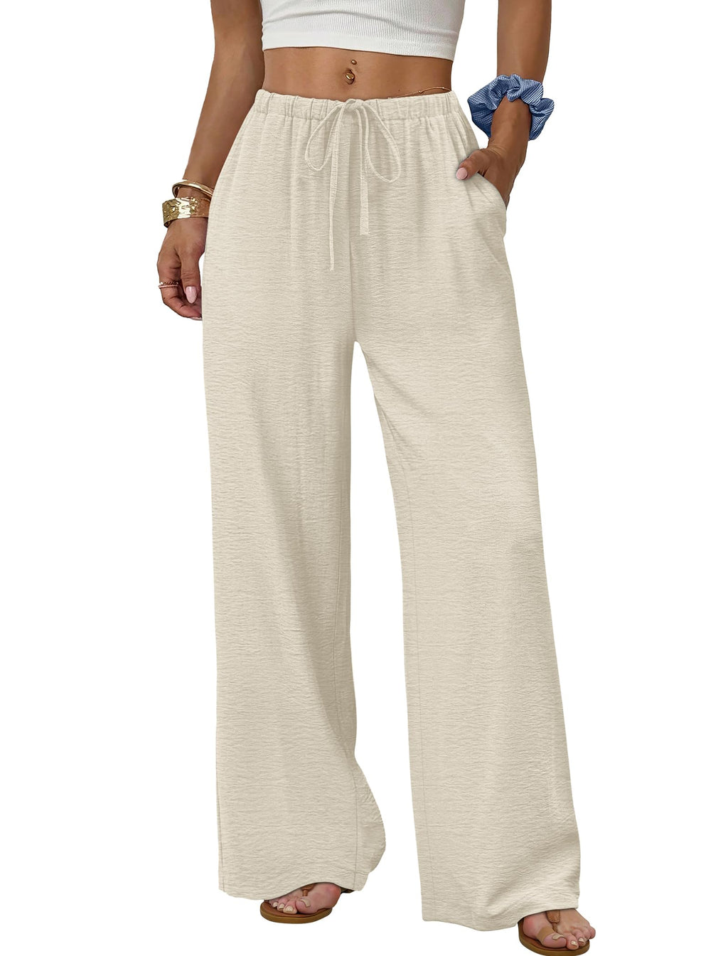 Sampeel Wide Leg Pants for Women Flowy Palazzo Drawstring Elastic Waist Trousers with Pockets Summer Beach Vacation Clothes