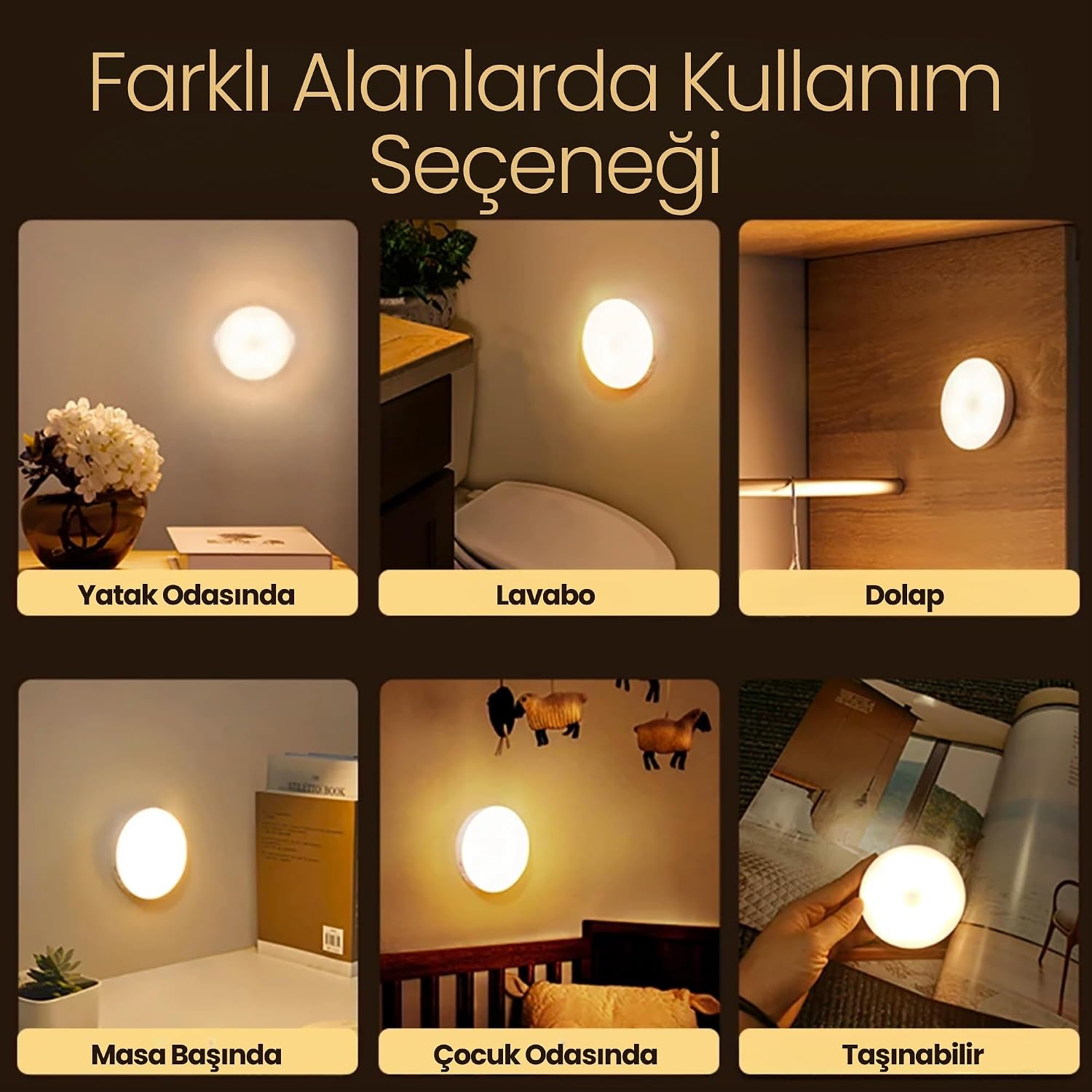 Amber LED Hareket Sensörlü Ledli Gece Lambası Şarj Edilebilir, Taşınabilir 4000k Günışığı (2 Adet)