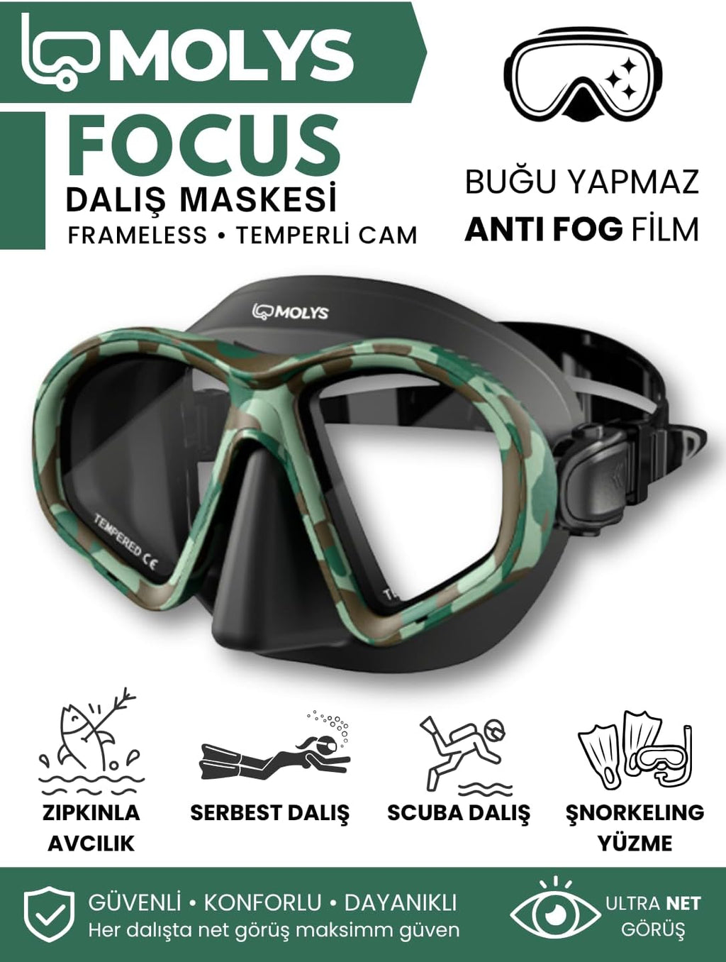 FOCUS DALIŞ MASKESİ + ANTI FOG (BUĞU ÖNLEYİCİ FİLM) + KATLANABİLİR ŞNORKEL + MASKE KUTUSU