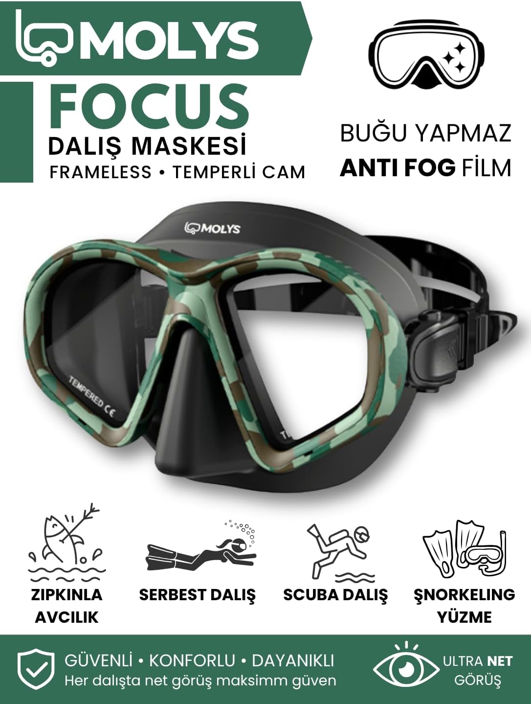FOCUS DALIŞ MASKESİ + ANTI FOG (BUĞU ÖNLEYİCİ FİLM) + KATLANABİLİR ŞNORKEL + MASKE KUTUSU