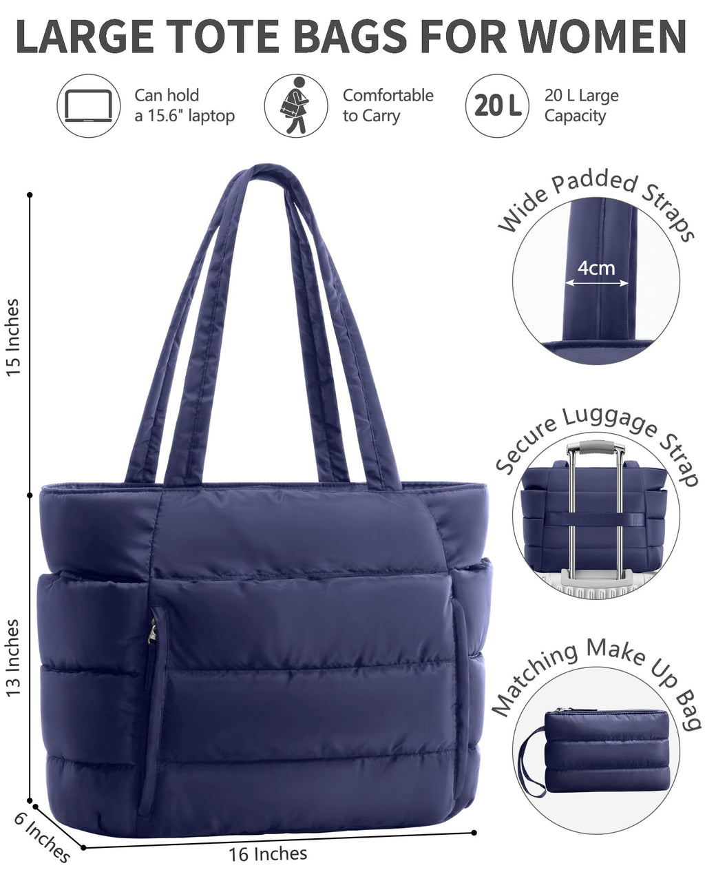 Bagstellar Puffer Tote Bag for Women, Lightweight Puffy Travel Gym Work Bag
