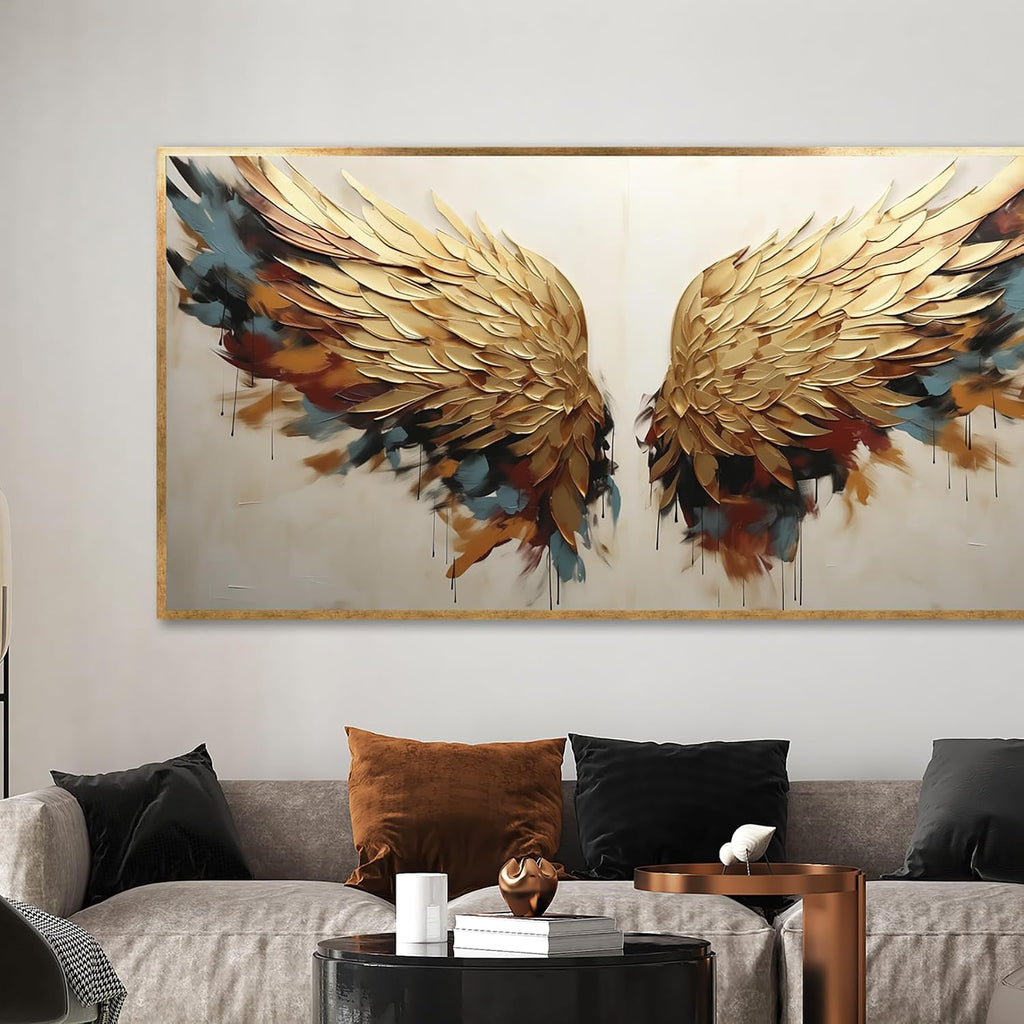 Yağlı Boya Dokulu Tablo Kanatlar Melek Kanadı Altın Çerçeveli 50 x 100 cm U04041