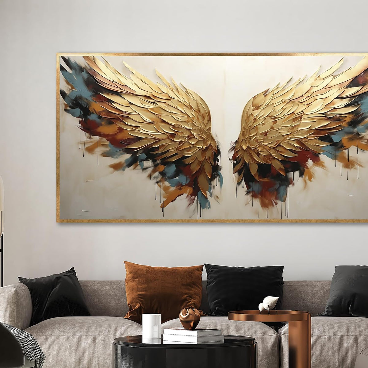 Yağlı Boya Dokulu Tablo Kanatlar Melek Kanadı Altın Çerçeveli 50 x 100 cm U04041