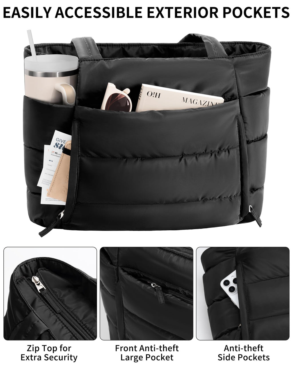 Bagstellar Puffer Tote Bag for Women, Lightweight Puffy Travel Gym Work Bag