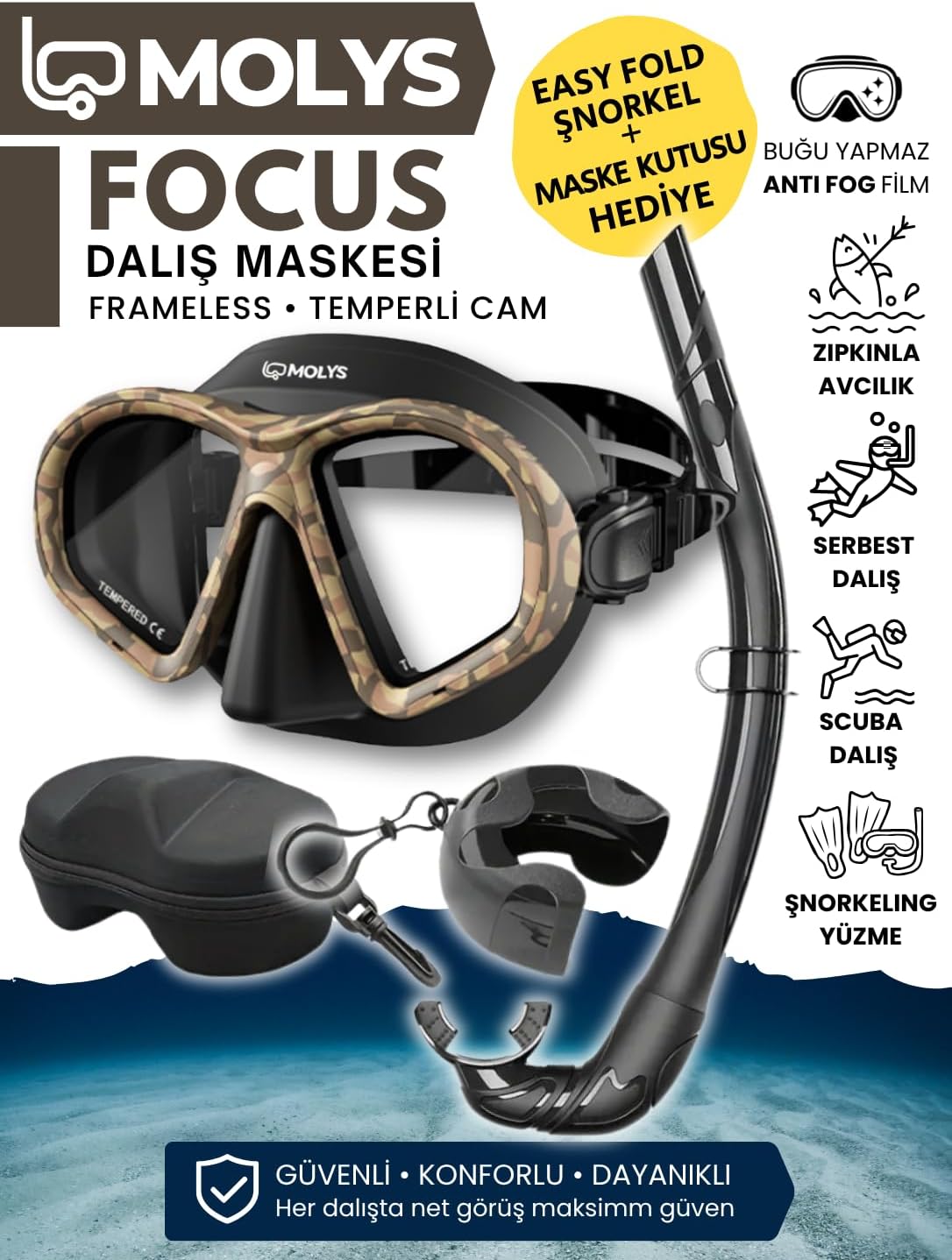 FOCUS DALIŞ MASKESİ + ANTI FOG (BUĞU ÖNLEYİCİ FİLM) + KATLANABİLİR ŞNORKEL + MASKE KUTUSU