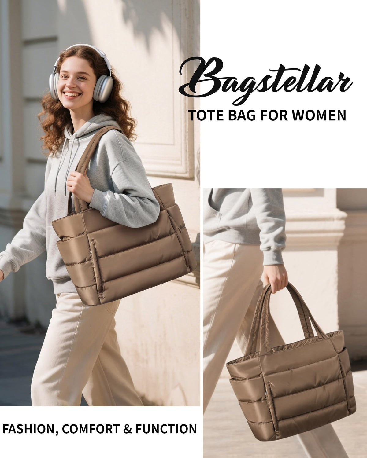 Bagstellar Puffer Tote Bag for Women, Lightweight Puffy Travel Gym Work Bag