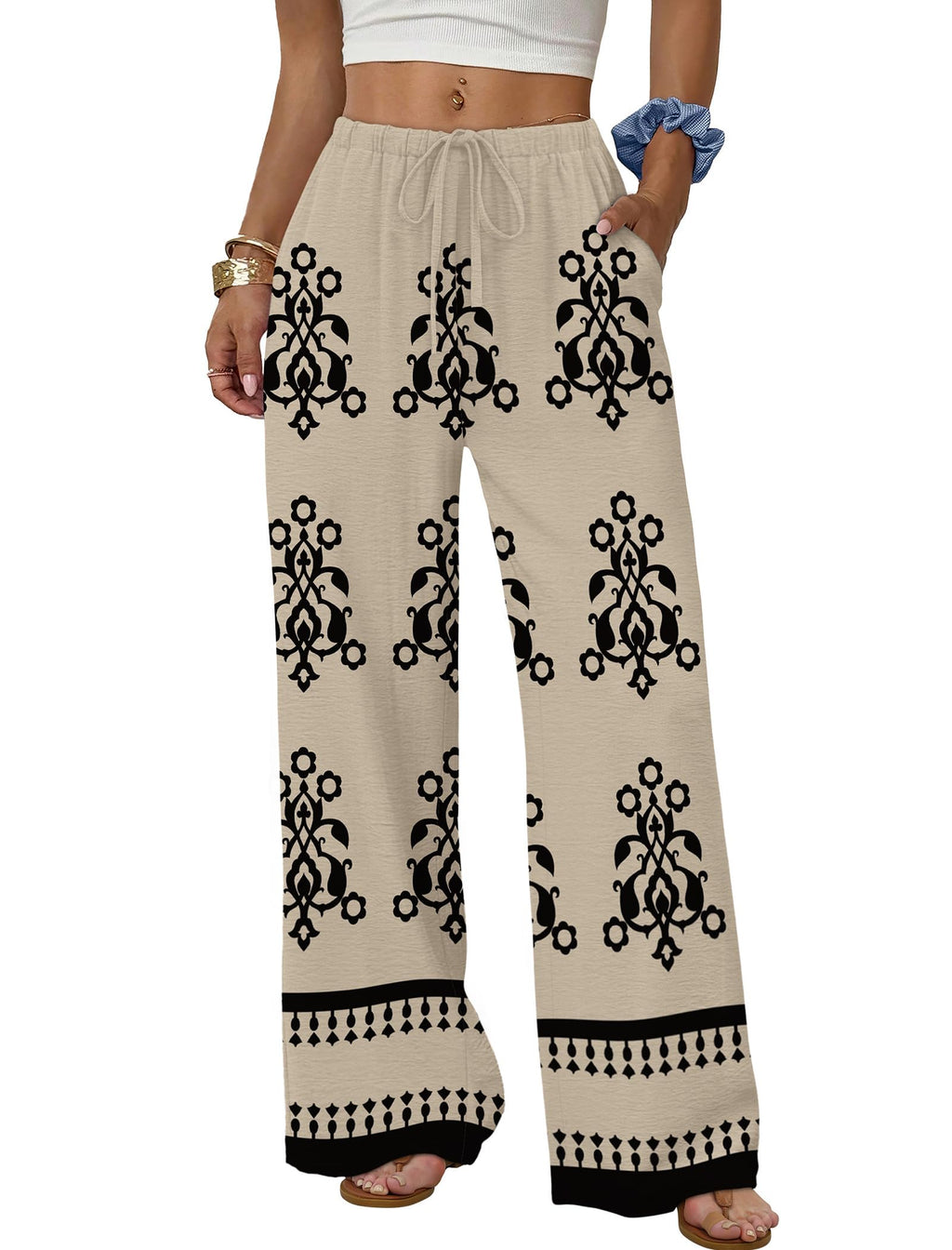 Sampeel Wide Leg Pants for Women Flowy Palazzo Drawstring Elastic Waist Trousers with Pockets Summer Beach Vacation Clothes