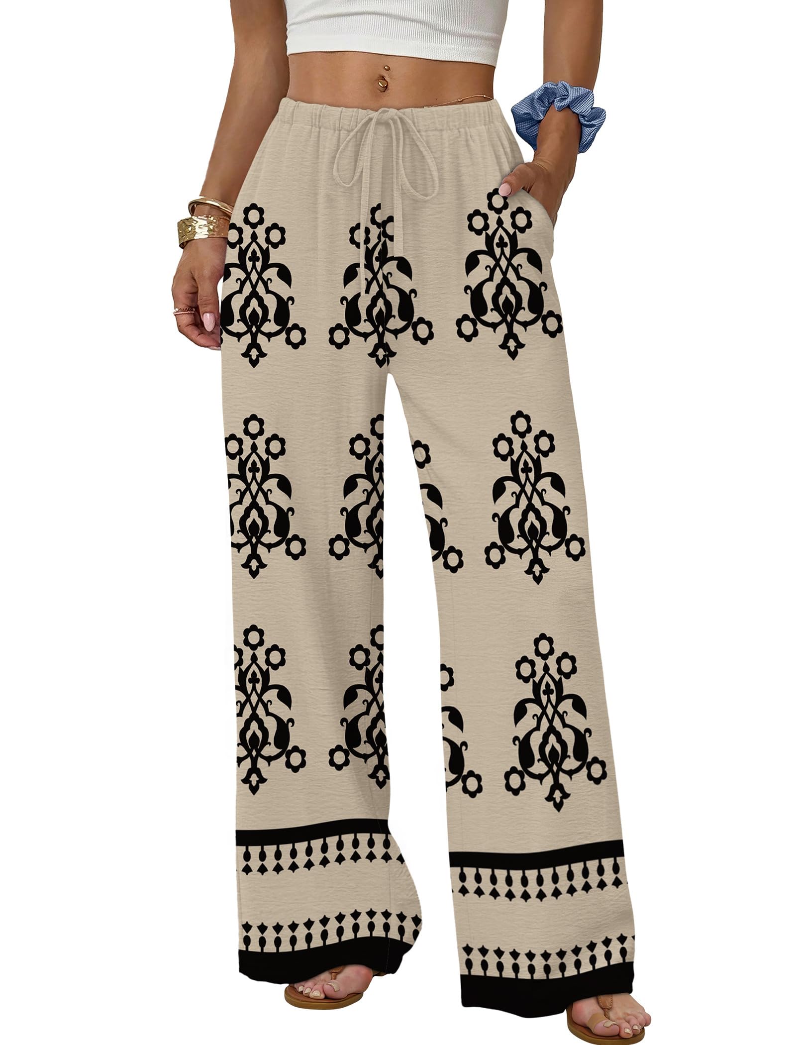 Sampeel Wide Leg Pants for Women Flowy Palazzo Drawstring Elastic Waist Trousers with Pockets Summer Beach Vacation Clothes