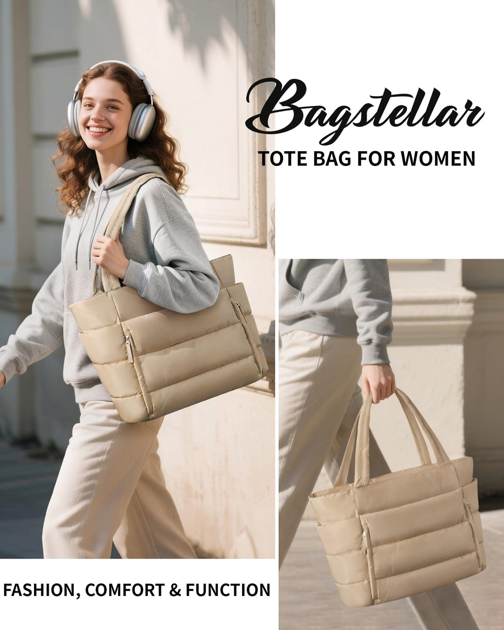 Bagstellar Puffer Tote Bag for Women, Lightweight Puffy Travel Gym Work Bag