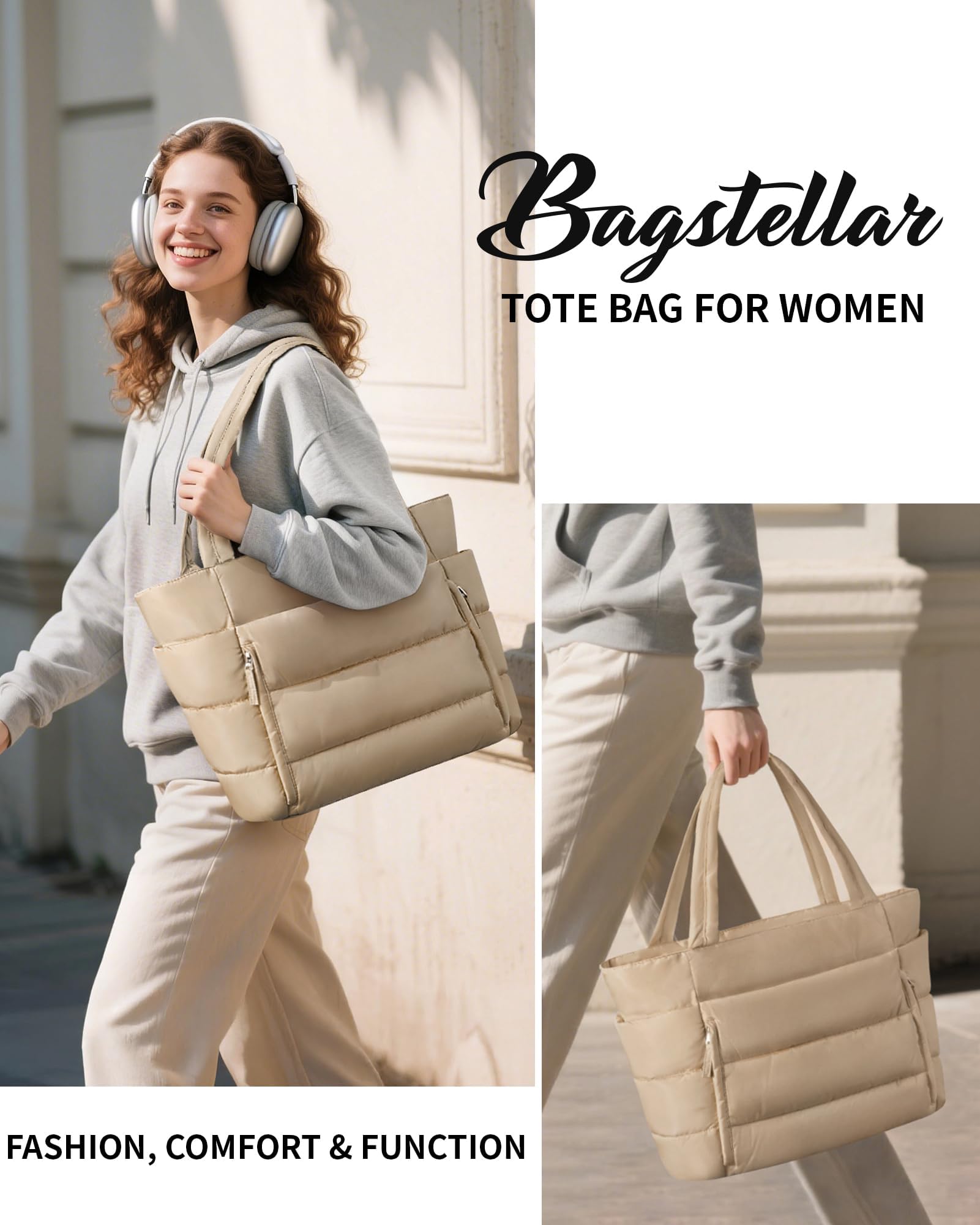 Bagstellar Puffer Tote Bag for Women, Lightweight Puffy Travel Gym Work Bag