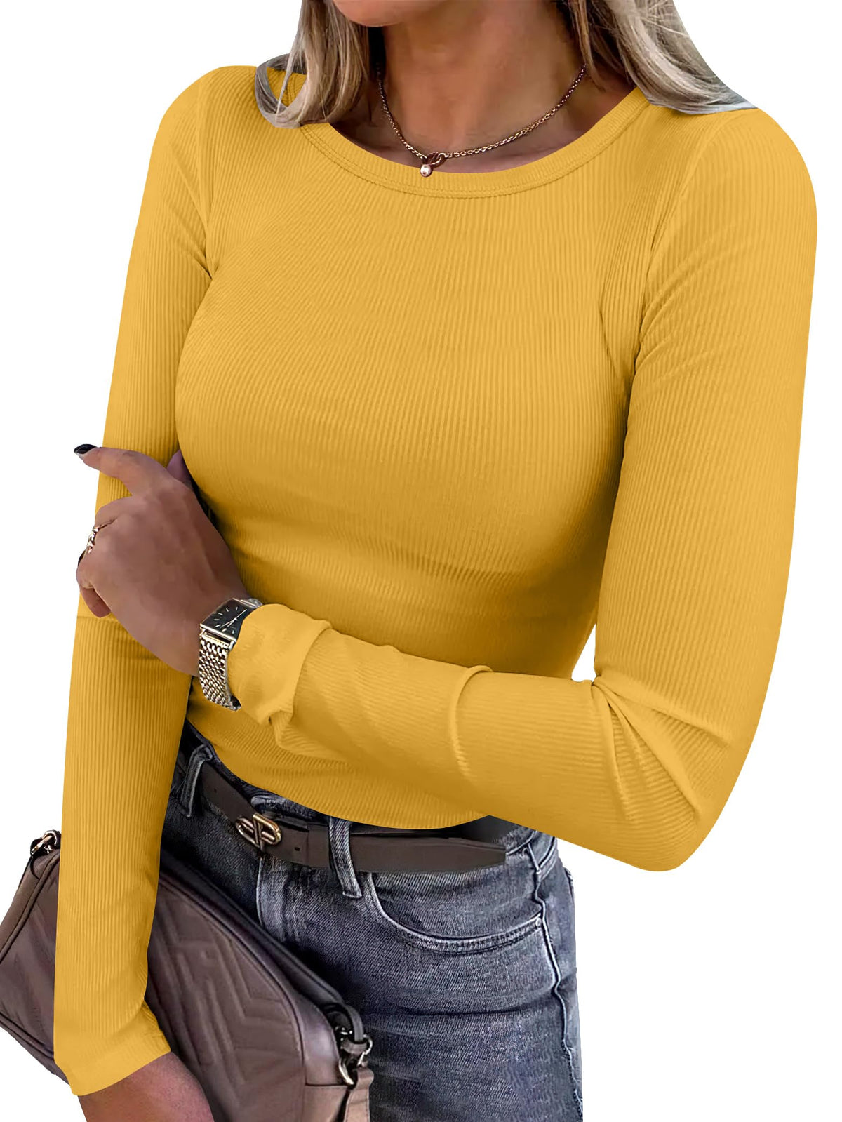 ANRABESS Women Long Sleeve Shirts Ribbed Fitted Tops