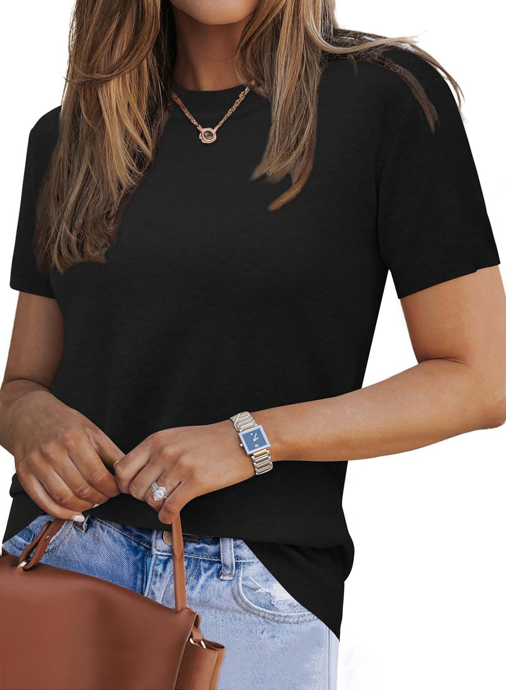 Arach&Cloz Women's Wool Blend Short Sleeve Sweater Business Casual Tops