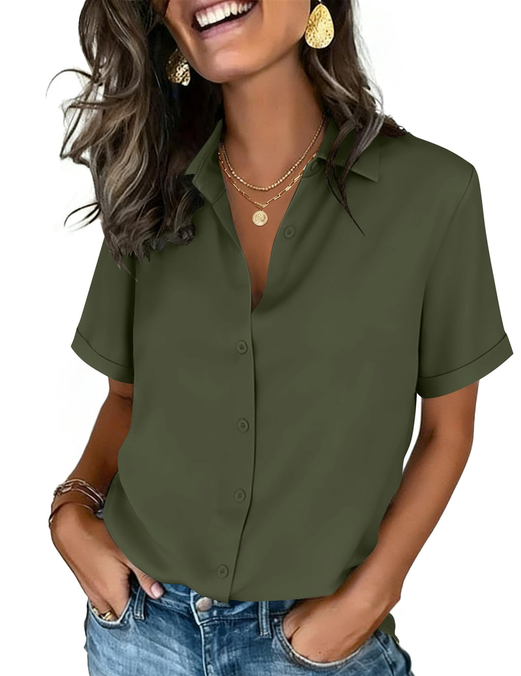 Zeagoo Button Down Shirts for Women Short Sleeve Tops Dressy Casual Blouses