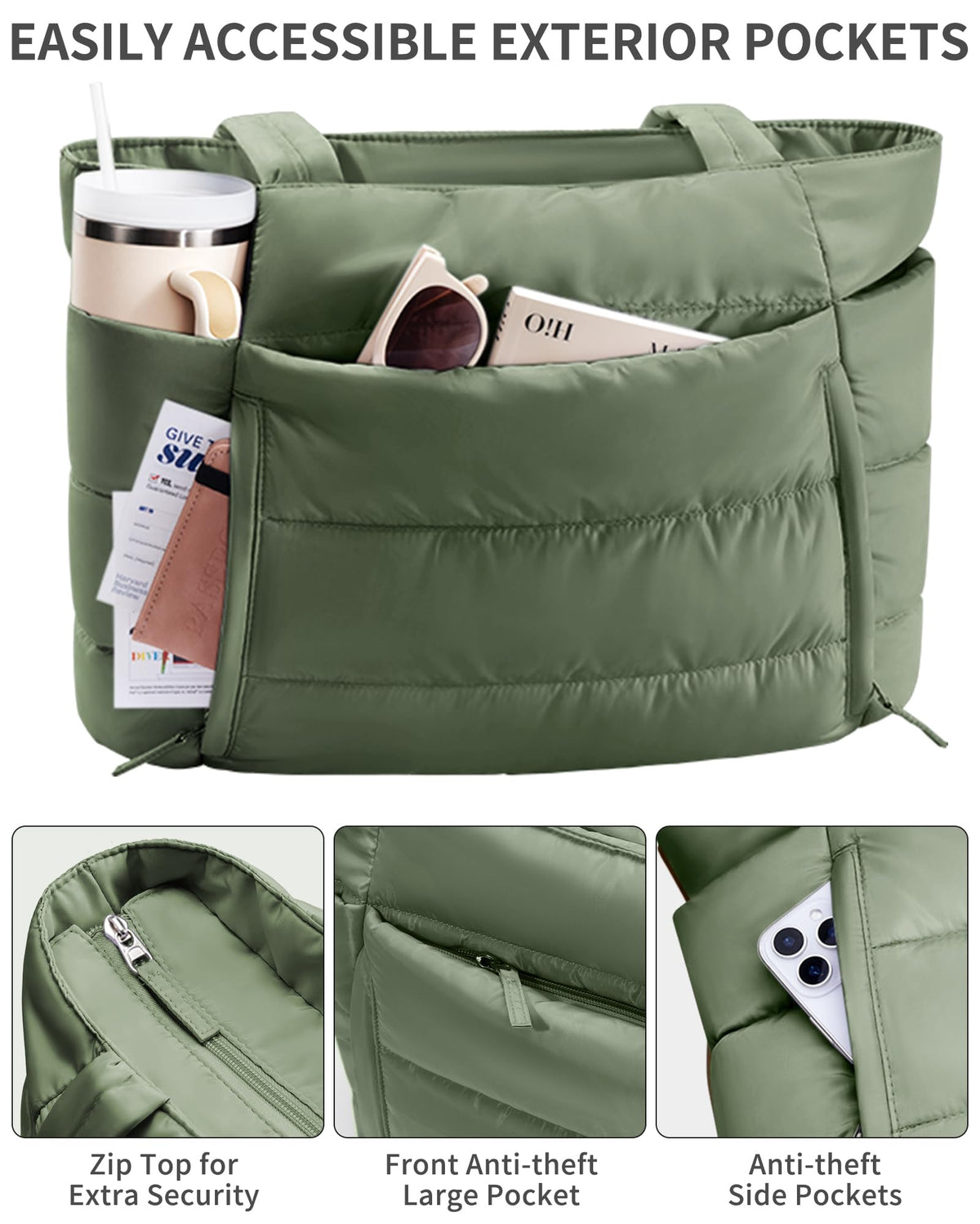 Bagstellar Puffer Tote Bag for Women, Lightweight Puffy Travel Gym Work Bag