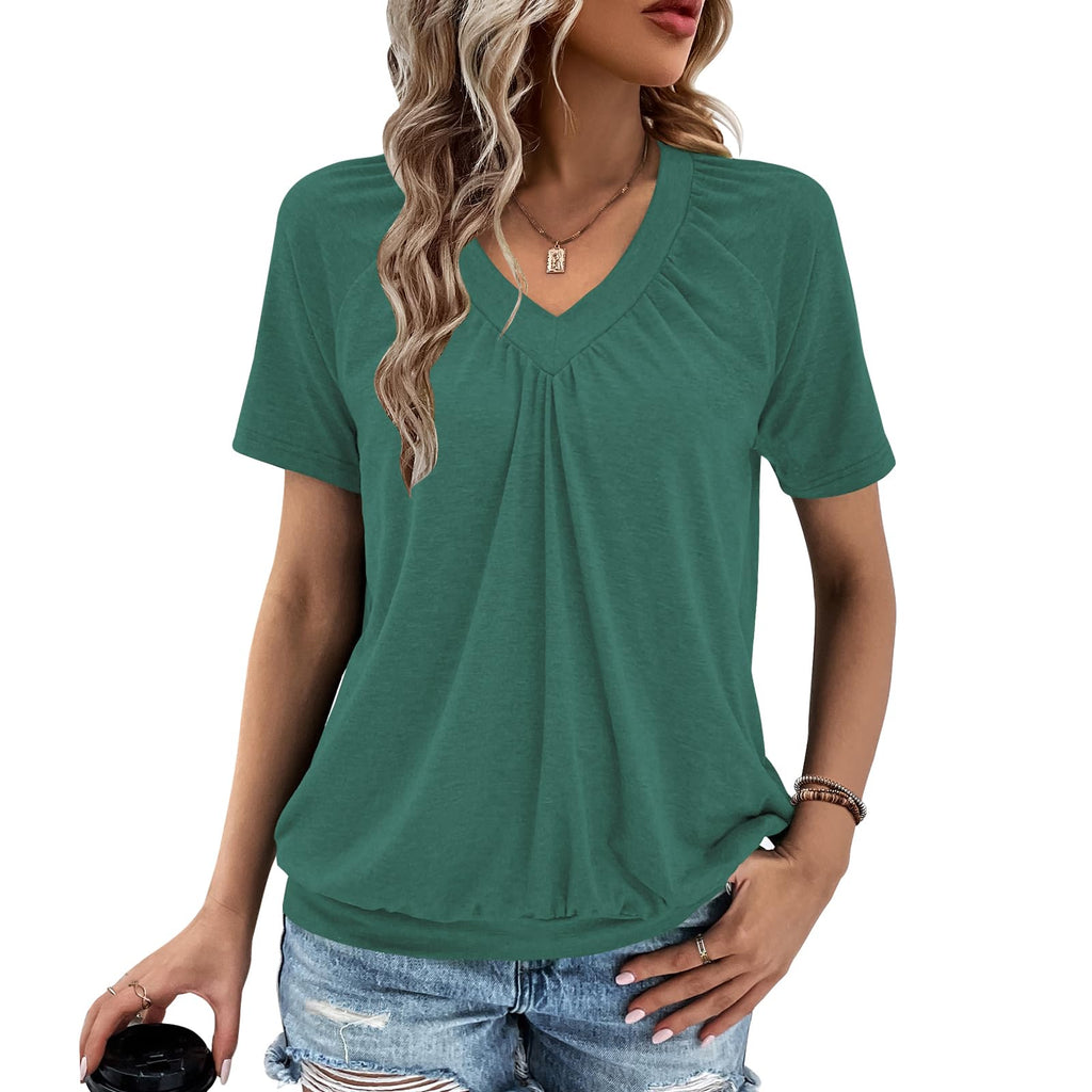 Gihgoew Summer Tops for Women 2025 Shorts Sleeve Womens Tops,V Neck Soft Casual Loose Fit Ruched Top T Shirts Tee Clothes