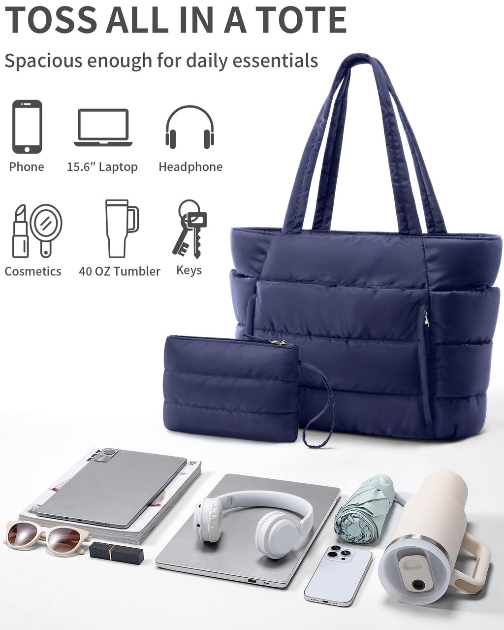 Bagstellar Puffer Tote Bag for Women, Lightweight Puffy Travel Gym Work Bag