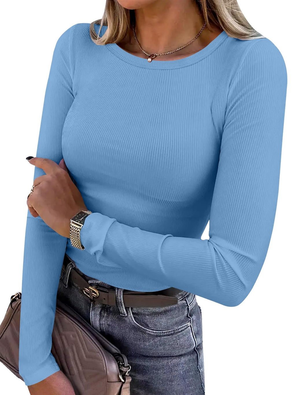 ANRABESS Women Long Sleeve Shirts Ribbed Fitted Tops