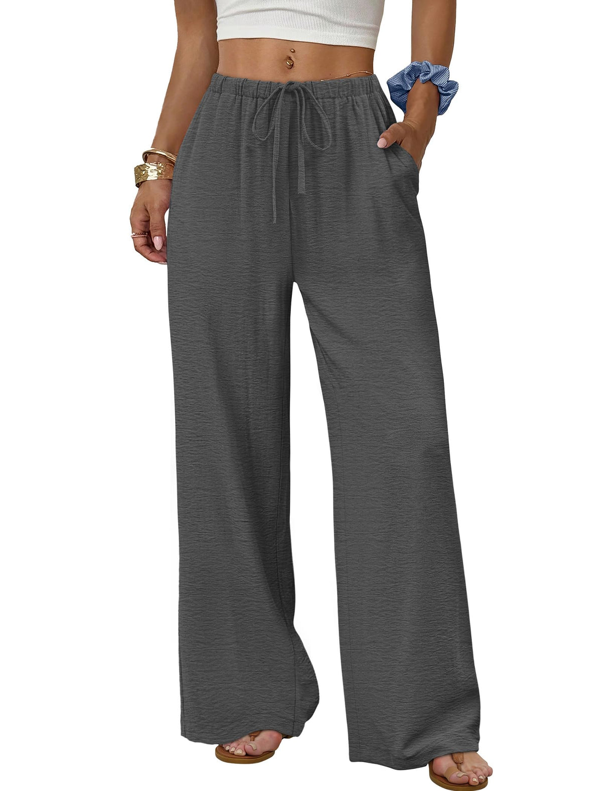 Sampeel Wide Leg Pants for Women Flowy Palazzo Drawstring Elastic Waist Trousers with Pockets Summer Beach Vacation Clothes