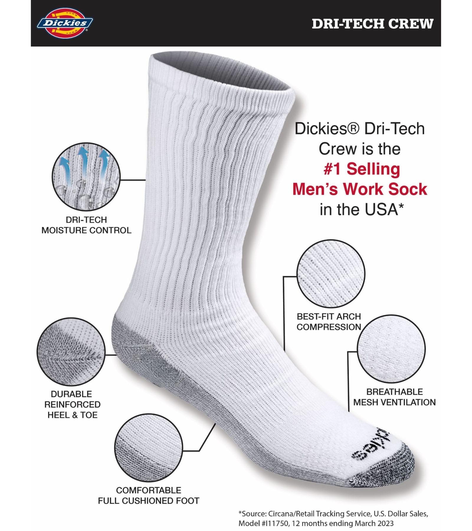 Dickies Men's Dri-tech Original Moisture Control Crew Socks, Available in M-xxl (6, 12, 18 Pairs)