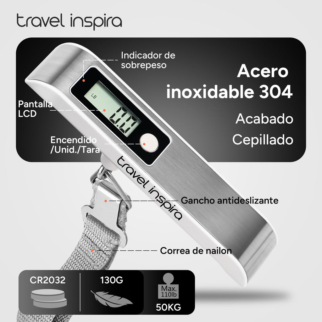 travel inspira Digital Luggage Scale – Portable Hanging Suitcase Weight Scale for Travel, 110 lb Capacity, Backlit LCD Display, Prevents Airport Overweight Fees, Battery Included