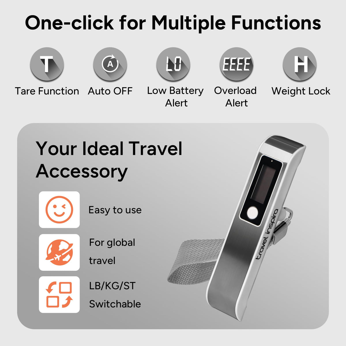 travel inspira Digital Luggage Scale – Portable Hanging Suitcase Weight Scale for Travel, 110 lb Capacity, Backlit LCD Display, Prevents Airport Overweight Fees, Battery Included