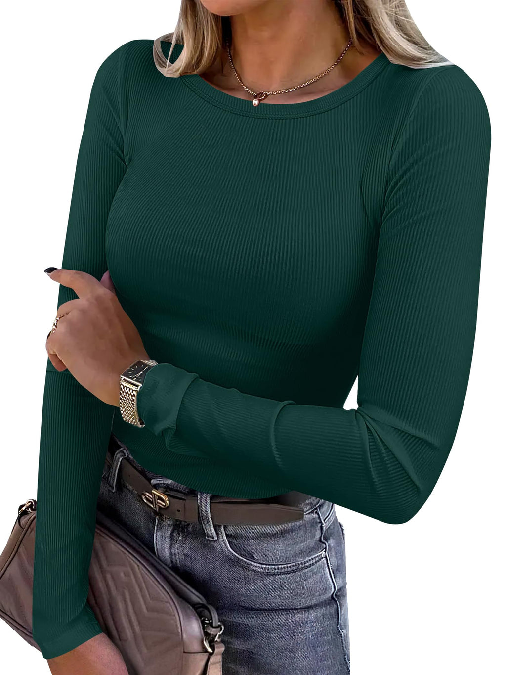 ANRABESS Women Long Sleeve Shirts Ribbed Fitted Tops