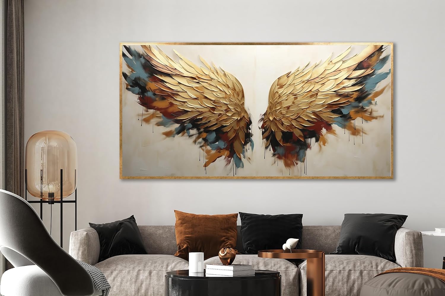Yağlı Boya Dokulu Tablo Kanatlar Melek Kanadı Altın Çerçeveli 50 x 100 cm U04041