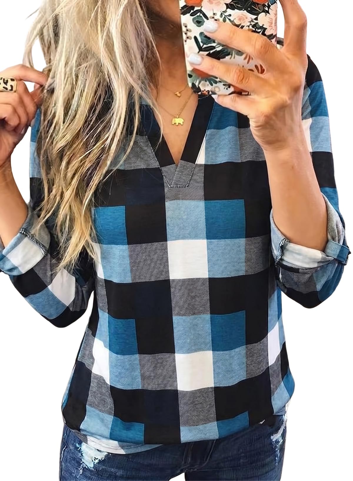 Dokotoo Womens Tops Plaid Cotton Cuffed 3/4 Sleeve Shirts Blouses