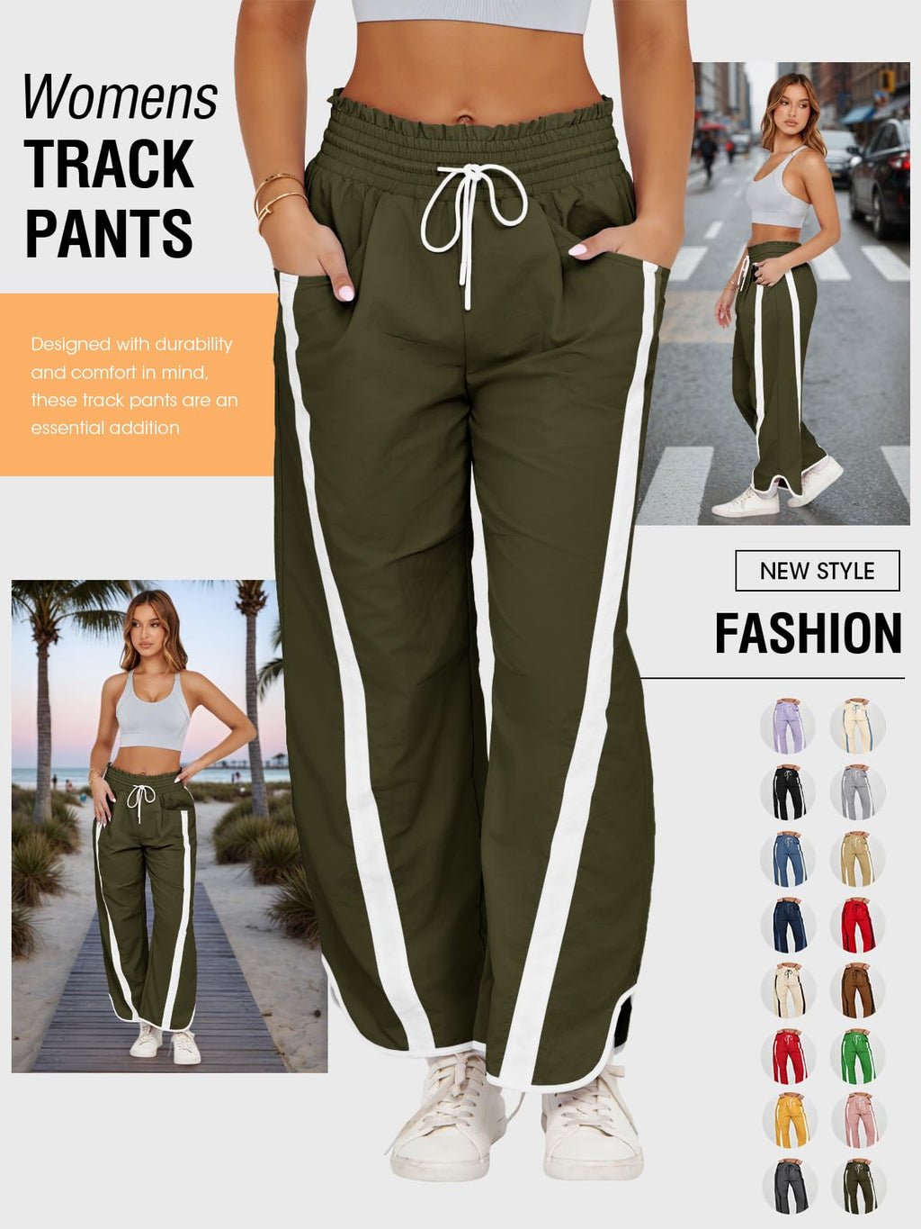 Fisoew Women's Baggy Wide Leg Pants Casual Drawstring Elastic Waisted Contrast Color Workout Y2K Track Pants