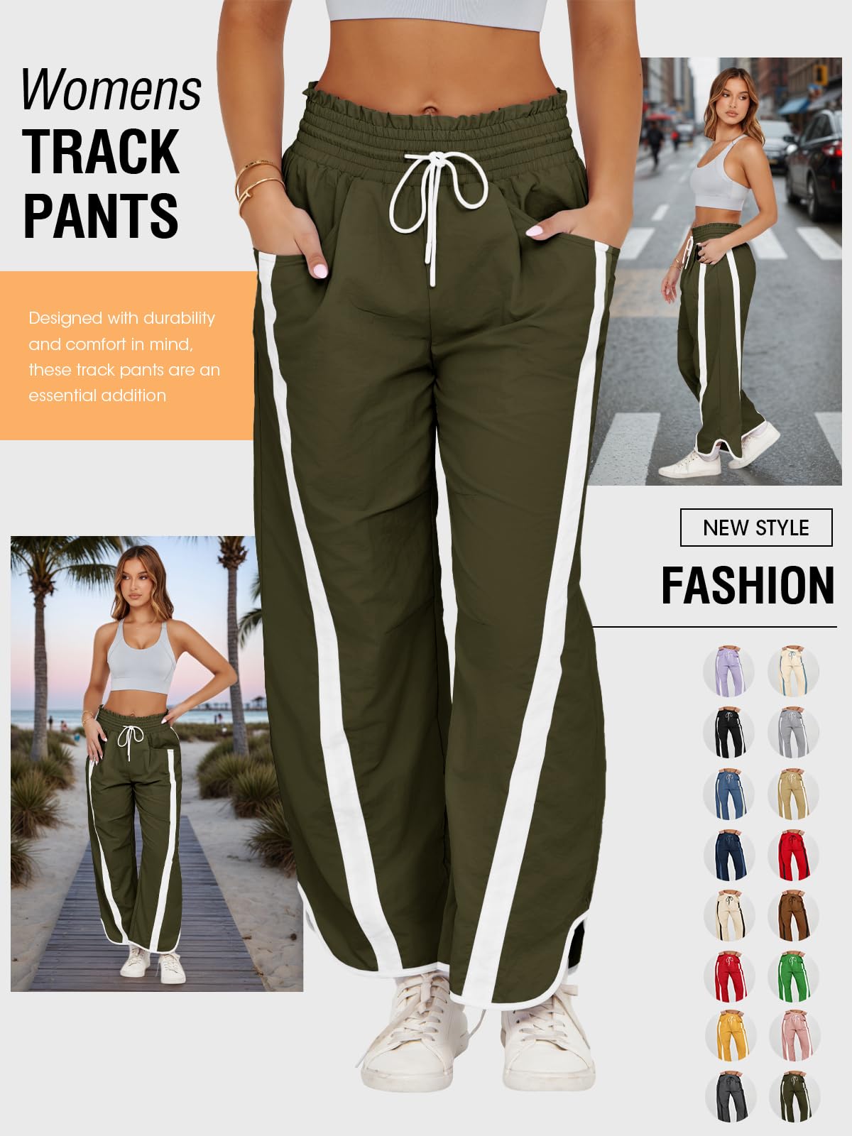 Fisoew Women's Baggy Wide Leg Pants Casual Drawstring Elastic Waisted Contrast Color Workout Y2K Track Pants