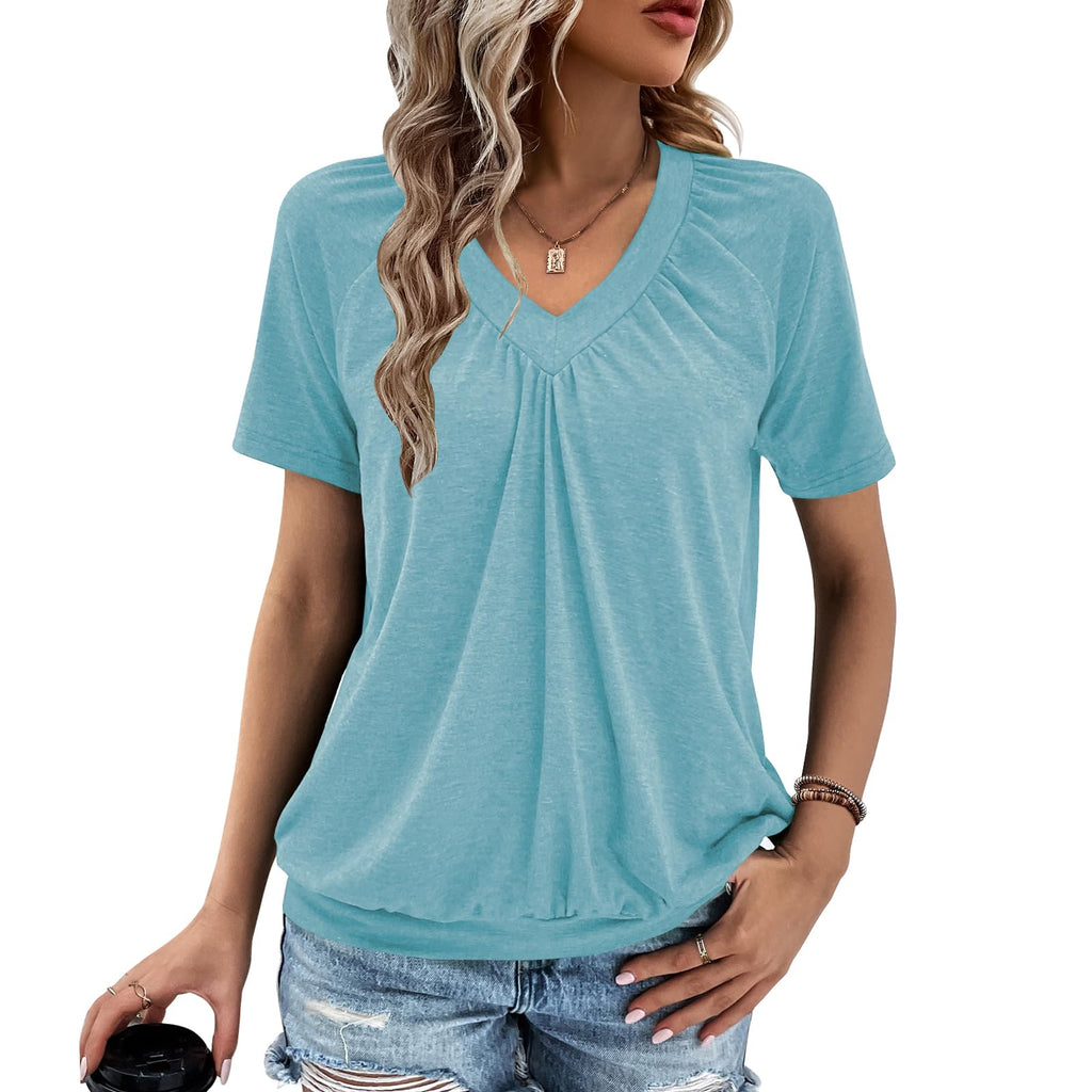 Gihgoew Summer Tops for Women 2025 Shorts Sleeve Womens Tops,V Neck Soft Casual Loose Fit Ruched Top T Shirts Tee Clothes
