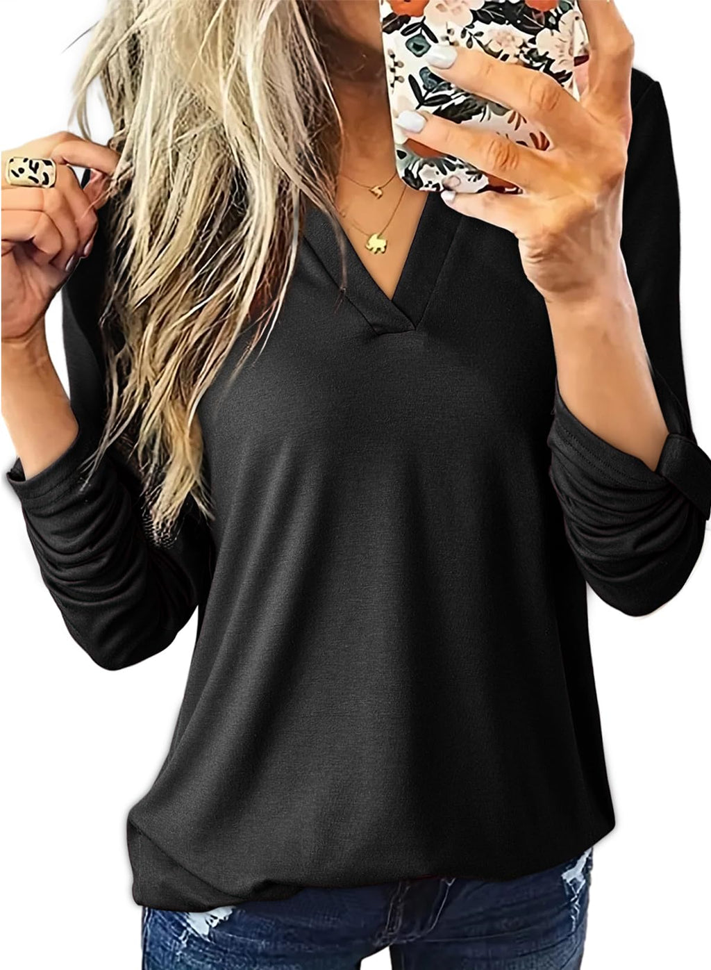 Dokotoo Womens Tops Plaid Cotton Cuffed 3/4 Sleeve Shirts Blouses