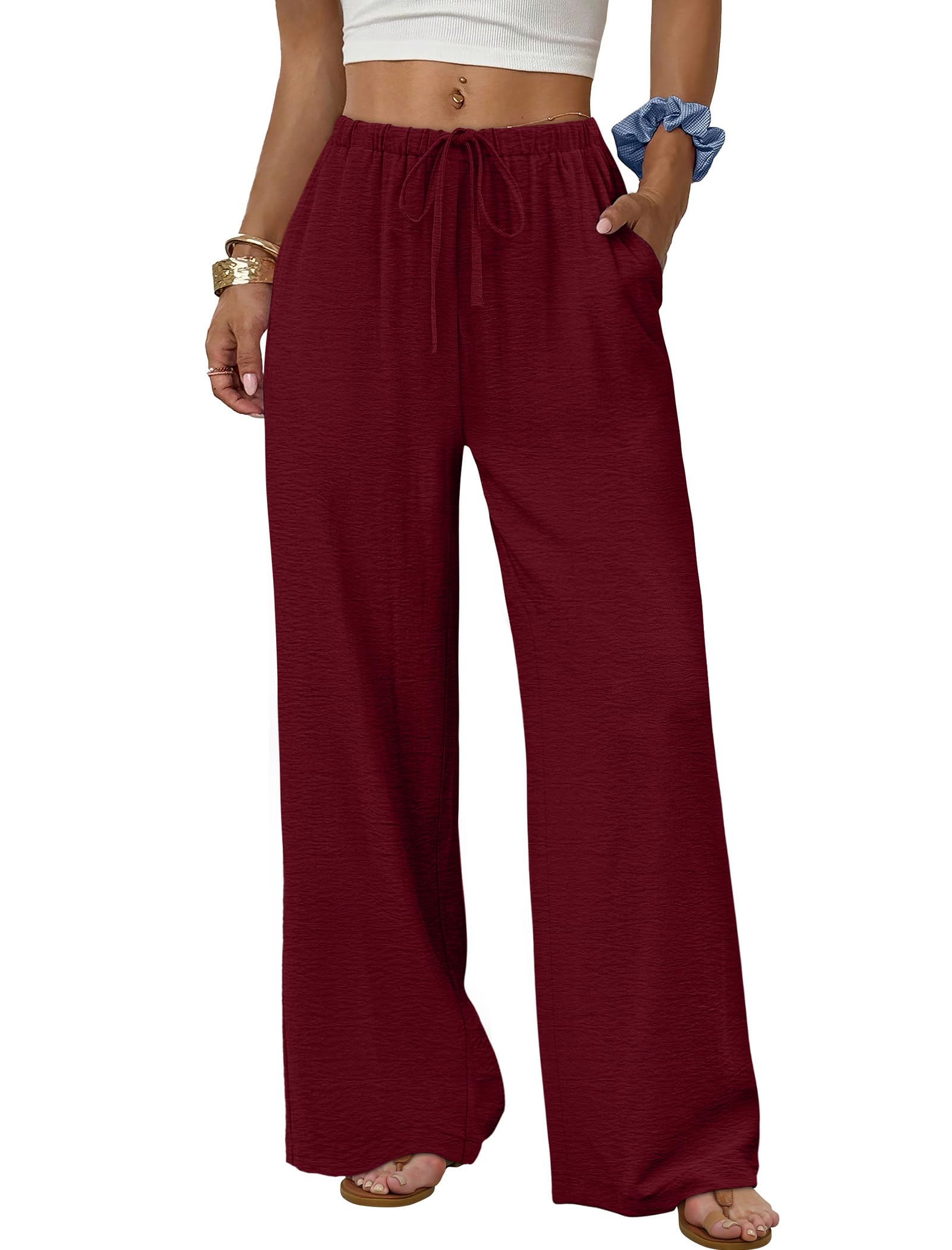 Sampeel Wide Leg Pants for Women Flowy Palazzo Drawstring Elastic Waist Trousers with Pockets Summer Beach Vacation Clothes