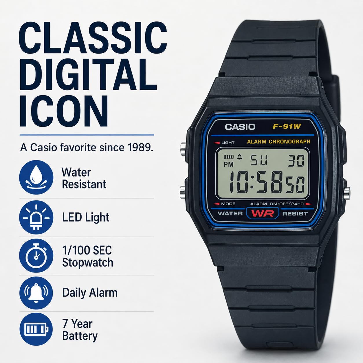 Casio F91W Series | Digital Watch | Water Resistant | LED Light | 1/100 SEC Stopwatch | Regular Time Keeping (HR, Min, SEC, PM, Date, Day) | Daily Alarm | Lightweight | 7 Year Battery