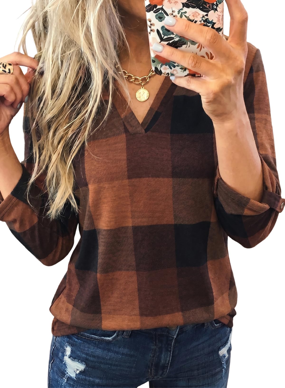 Dokotoo Womens Tops Plaid Cotton Cuffed 3/4 Sleeve Shirts Blouses