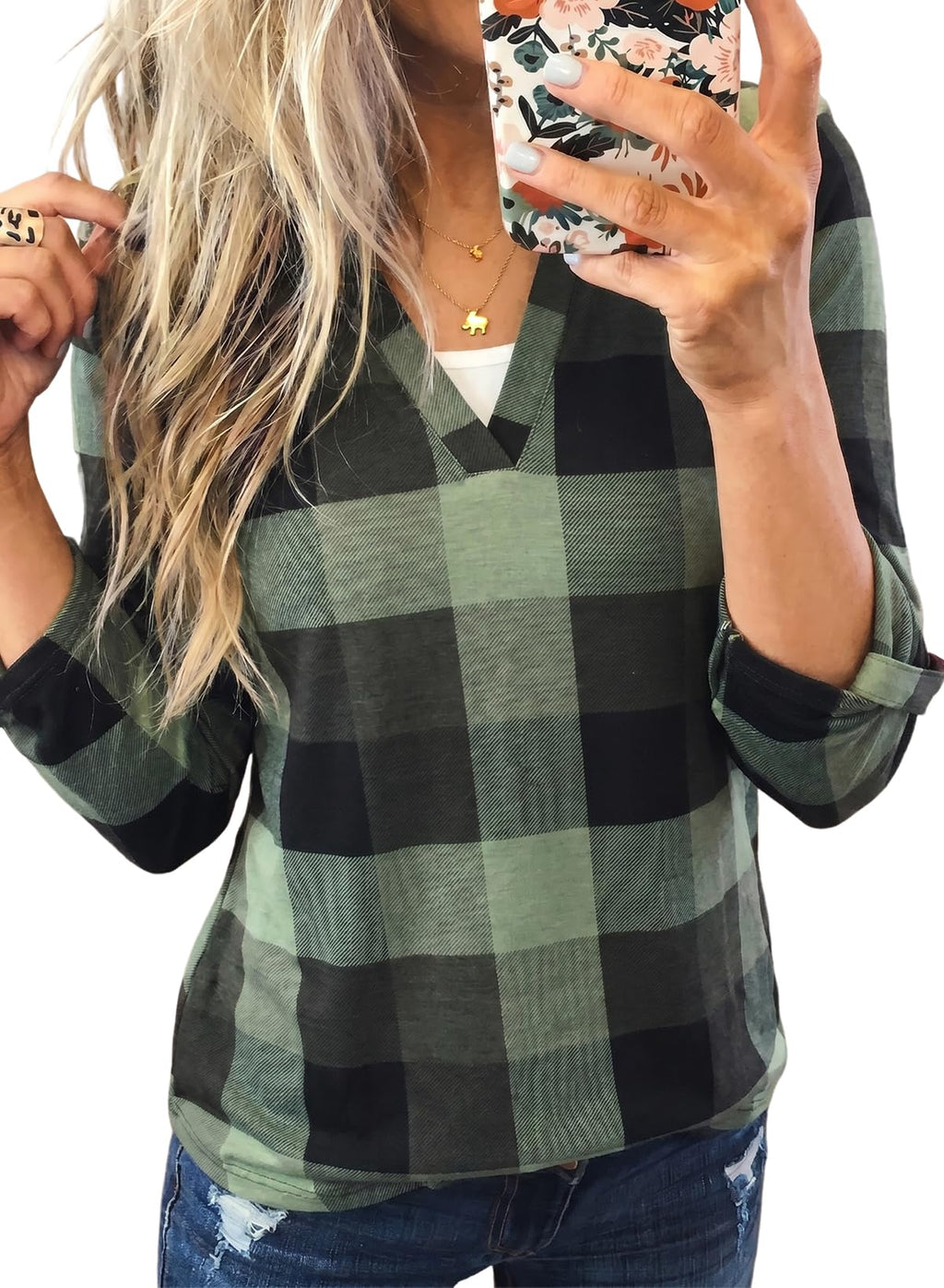 Dokotoo Womens Tops Plaid Cotton Cuffed 3/4 Sleeve Shirts Blouses