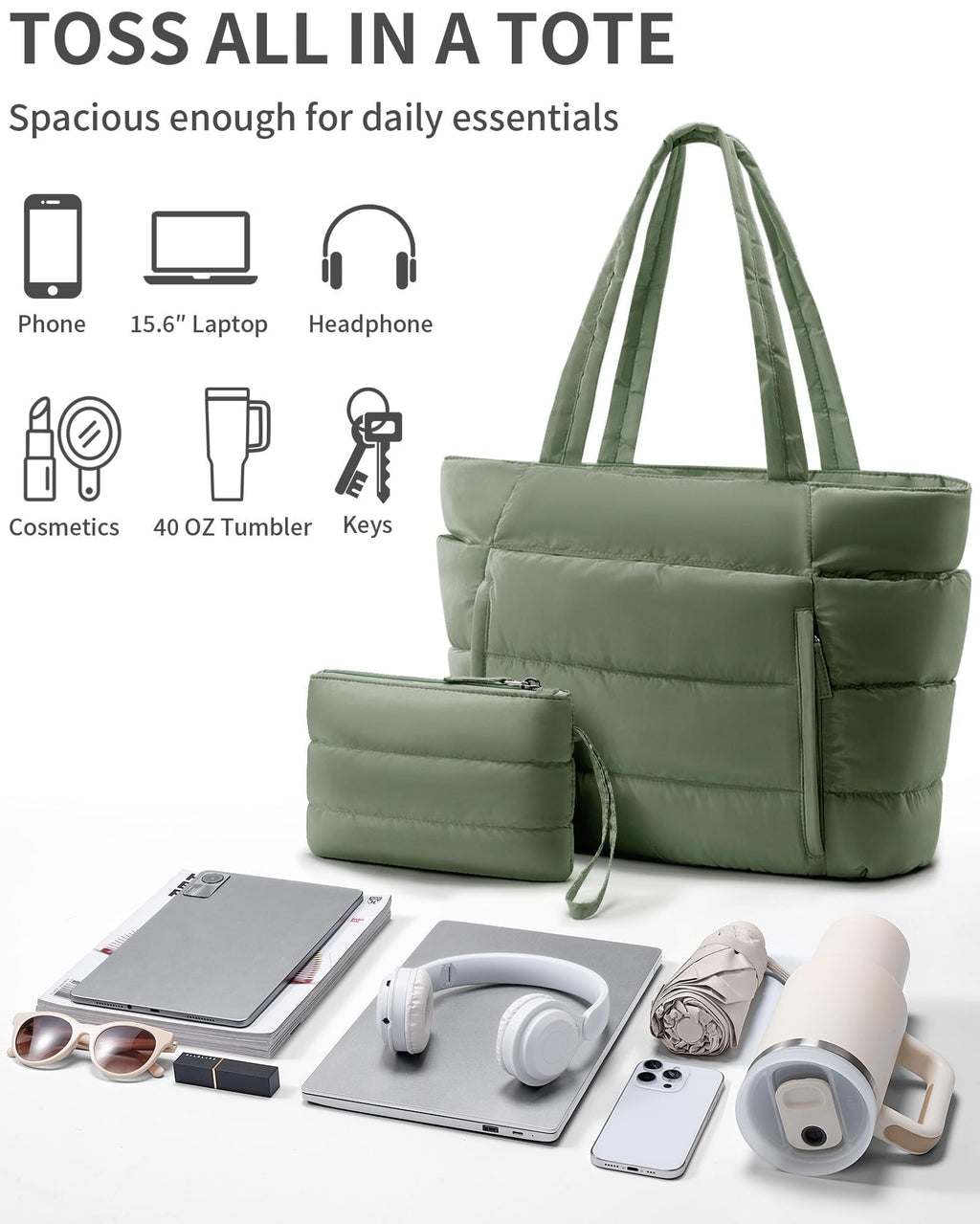 Bagstellar Puffer Tote Bag for Women, Lightweight Puffy Travel Gym Work Bag