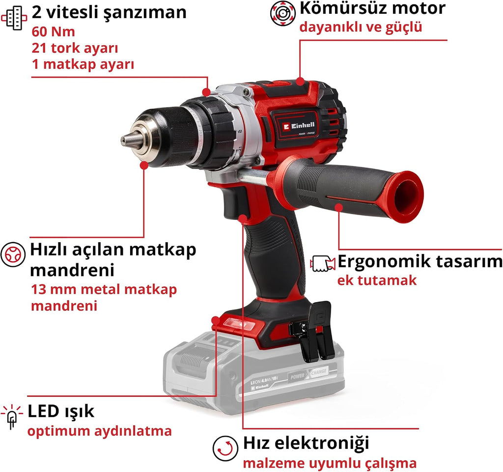 Einhell TP-CD 18/60 Li BL Akülü Vidalama Seti (2,5 Ah Akü ve Şarj Cihazı, 32 Parça Uç Seti ve Çanta Dahildir)
